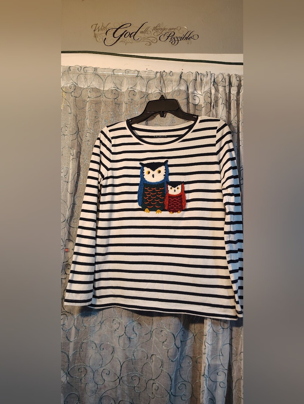 Women's Striped Long-Sleeve Top with Owl Motif - White & Navy